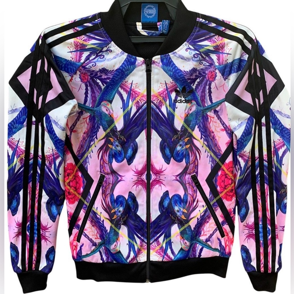 Adidas Blue and Pink Bomber Jacket with Floral Print Size XS